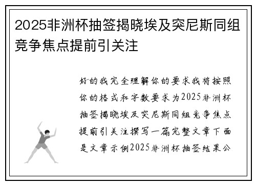 2025非洲杯抽签揭晓埃及突尼斯同组竞争焦点提前引关注